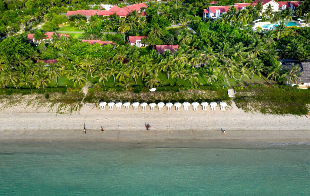 Aerial view of a tropical beachfront resort with rows of white umbrellas and lounge chairs on a sandy beach, bordered by lush palm trees and greenery. Behind the trees, red-roofed villas and a swimming pool are visible among dense vegetation.