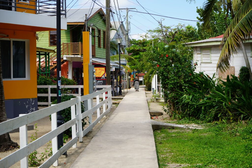 A narrow concrete walkway lined with colorful Caribbean-style houses, tropical plants, and palm trees under bright daylight.
